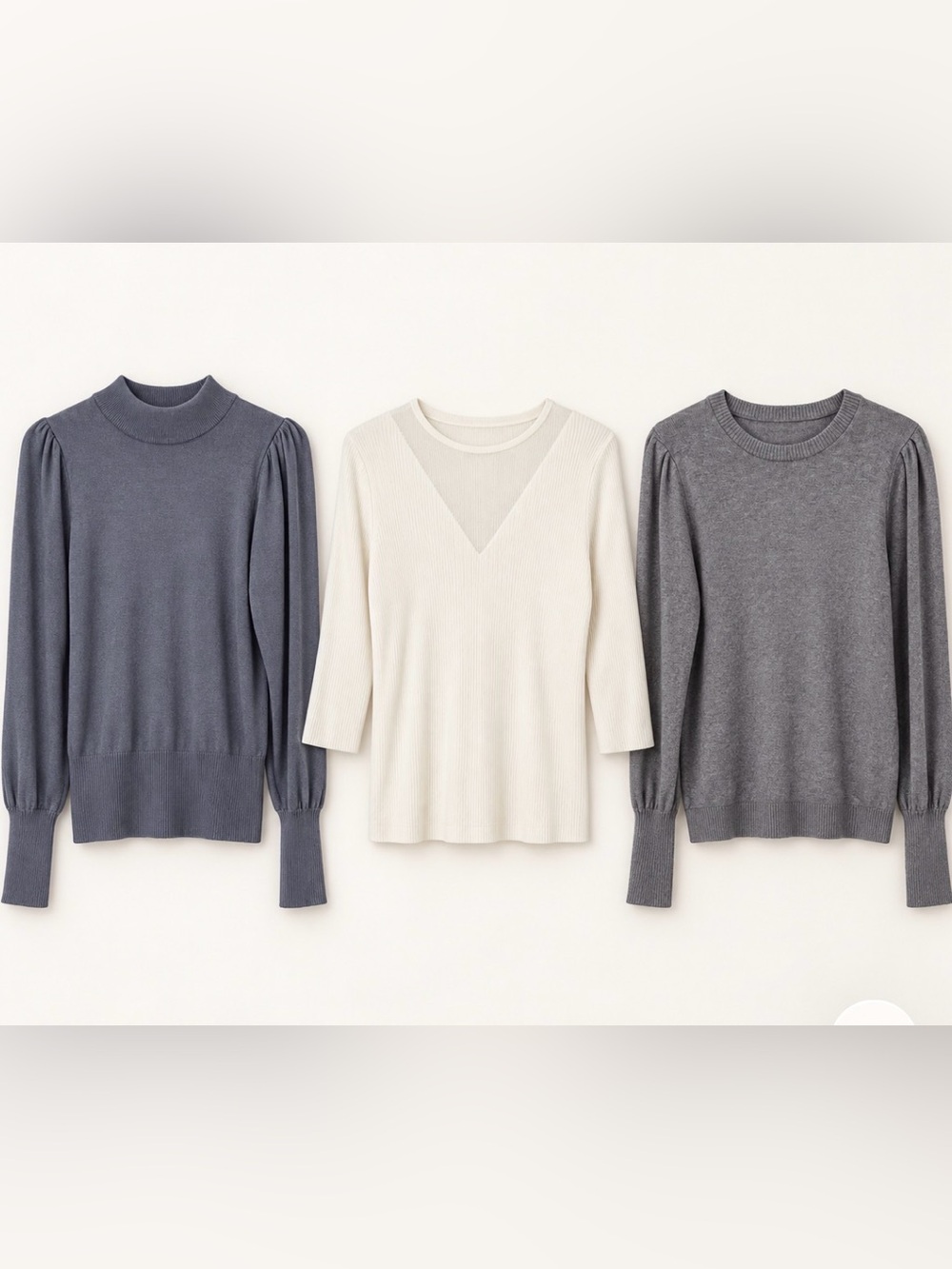 Trio: Cream Center V-Neck & Slate Gray Puff-Sleeve Sweaters. Lot of 3, one NWT